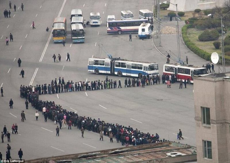 Новость одной картинкой: очередь на остановке в Северной Корее