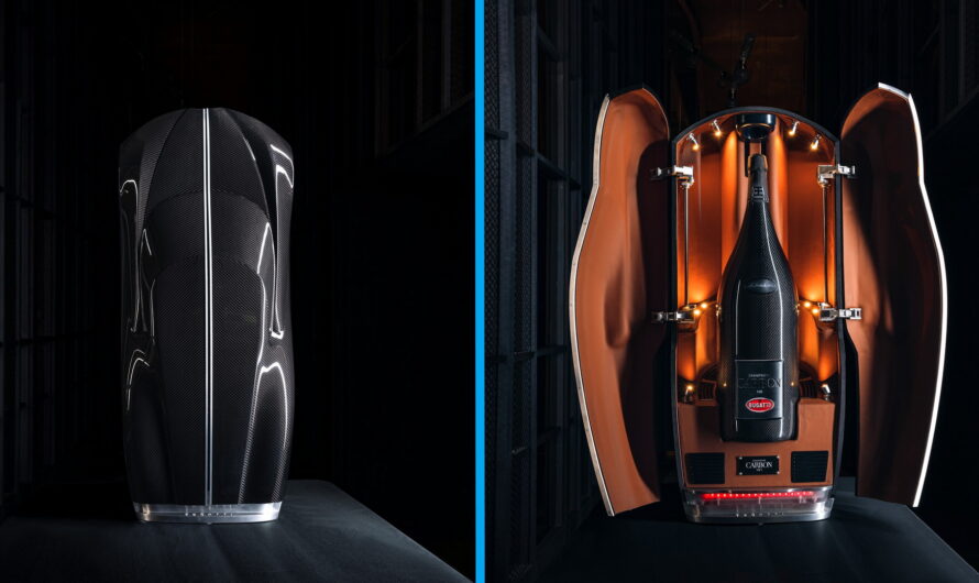 Bugatti показала суперкар в мире шампанского с карбоновой бутылкой