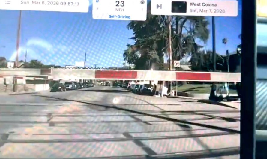 Тесла на автопілоті проривається через залізничні шлагбауми наближаючись до потяга