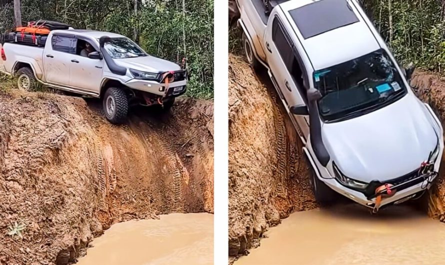 Спостерігайте, як повністю завантажений Toyota Hilux волоче житловий причіп униз майже прямовисним брудним схилом